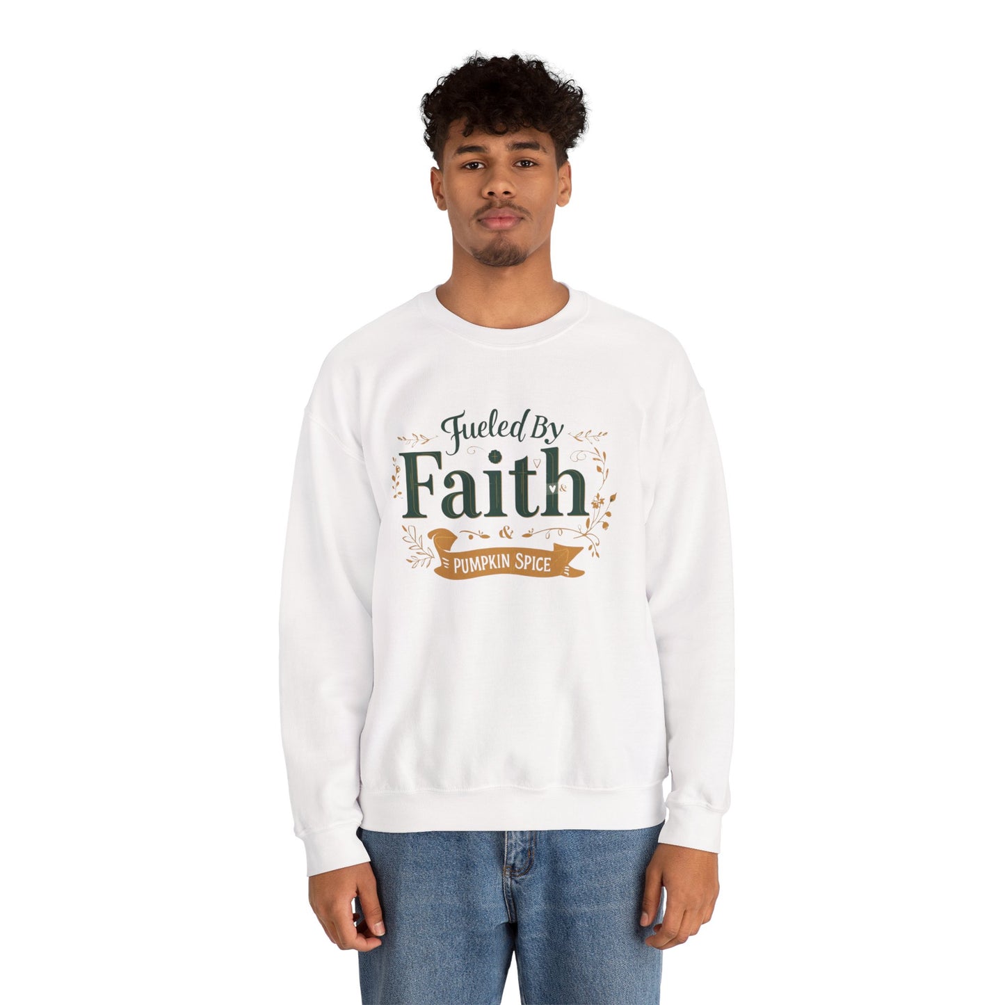 Man wearing white “Fueled by Faith & Pumpkin Spice” sweatshirt — unisex Christian fall fashion perfect for cozy seasons.