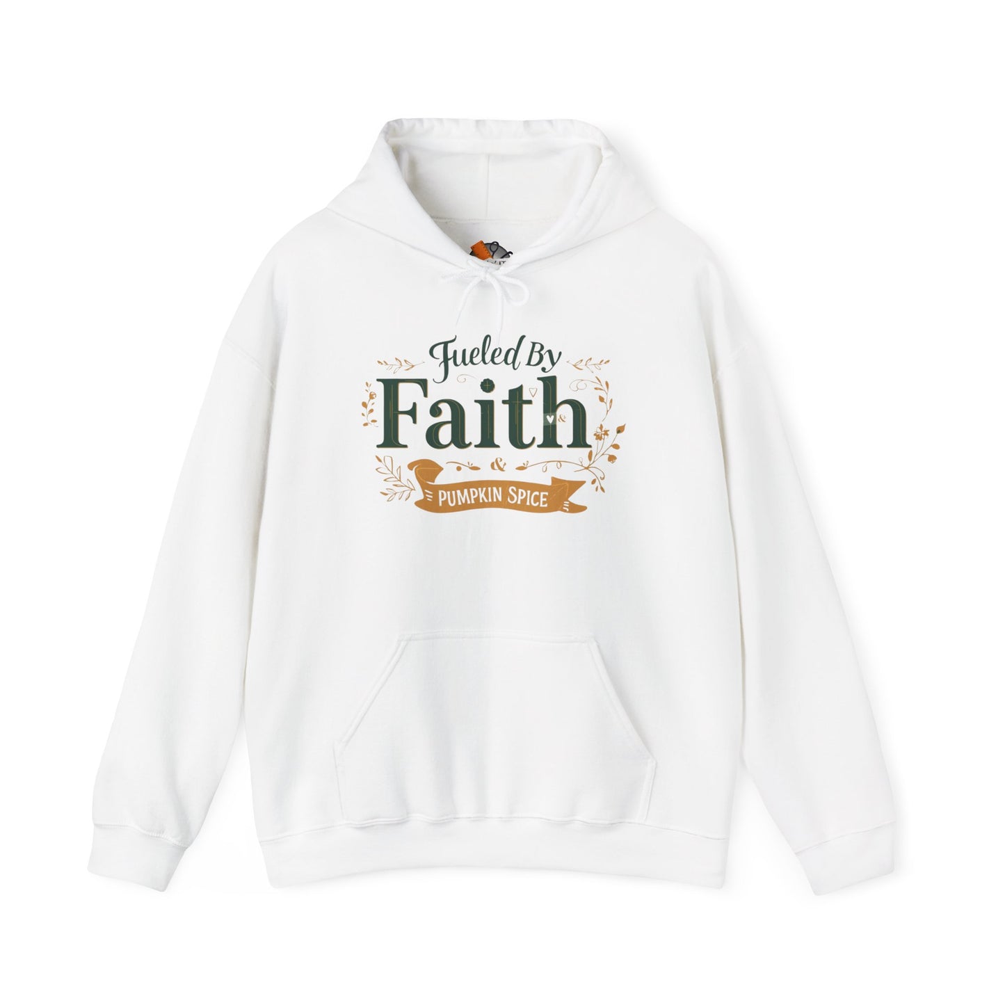 White “Fueled by Faith & Pumpkin Spice” hoodie — cozy unisex Christian fall sweatshirt with green and gold faith design by Makin’ It By Lady Ev.