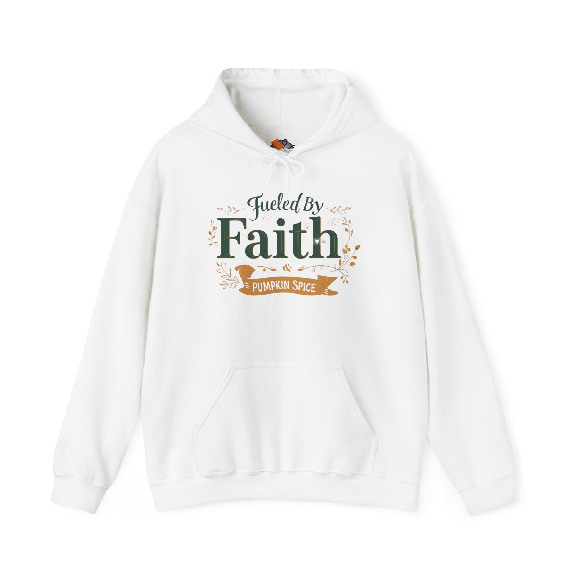 White “Fueled by Faith & Pumpkin Spice” hoodie — cozy unisex Christian fall sweatshirt with green and gold faith design by Makin’ It By Lady Ev.