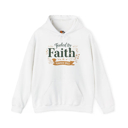 White “Fueled by Faith & Pumpkin Spice” hoodie — cozy unisex Christian fall sweatshirt with green and gold faith design by Makin’ It By Lady Ev.