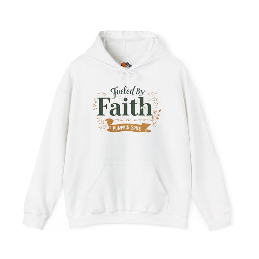 White “Fueled by Faith & Pumpkin Spice” hoodie — cozy unisex Christian fall sweatshirt with green and gold faith design by Makin’ It By Lady Ev.