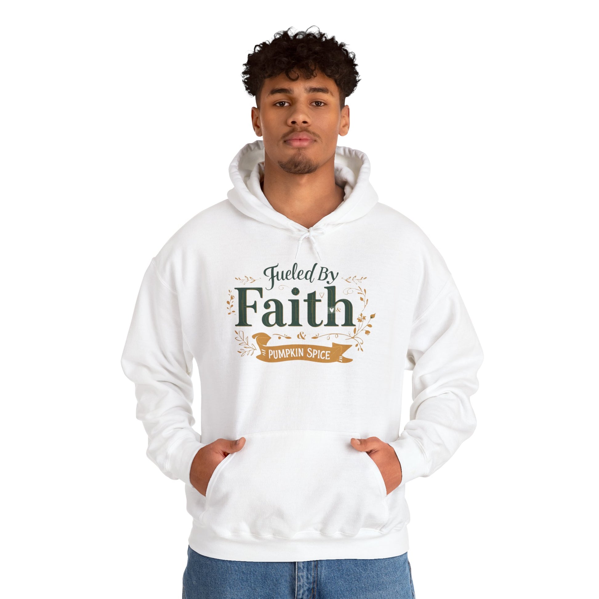 Man wearing white “Fueled by Faith & Pumpkin Spice” hoodie — unisex Christian fall sweatshirt for cozy and faith-filled style.