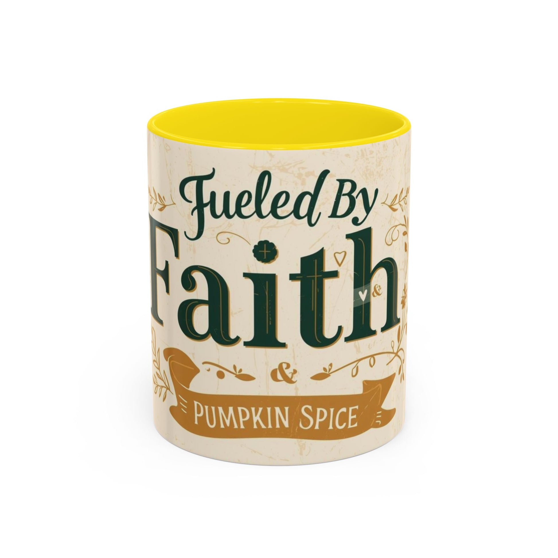 Yellow “Fueled by Faith & Pumpkin Spice” 11oz accent mug — sunny Christian mug symbolizing joy, warmth, and fall faith vibes.