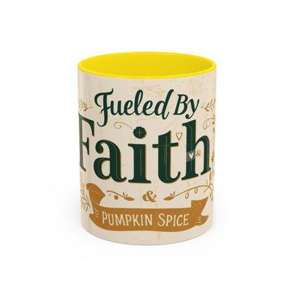 Yellow “Fueled by Faith & Pumpkin Spice” 11oz accent mug — sunny Christian mug symbolizing joy, warmth, and fall faith vibes.