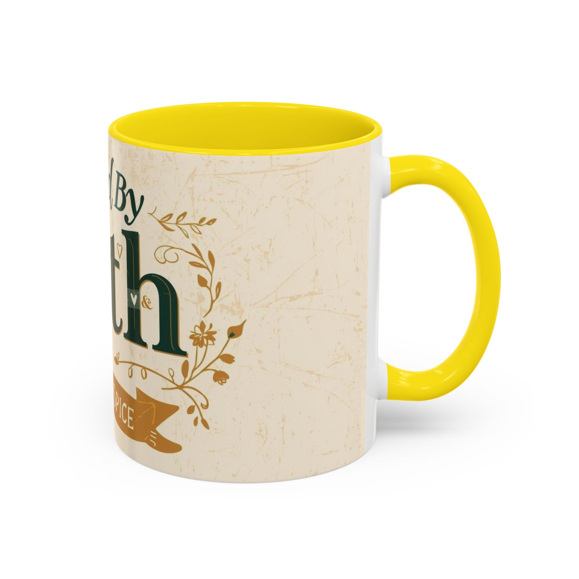 Yellow “Fueled by Faith & Pumpkin Spice” 11oz accent mug — Christian fall coffee mug with green and gold design, faith-inspired home decor.