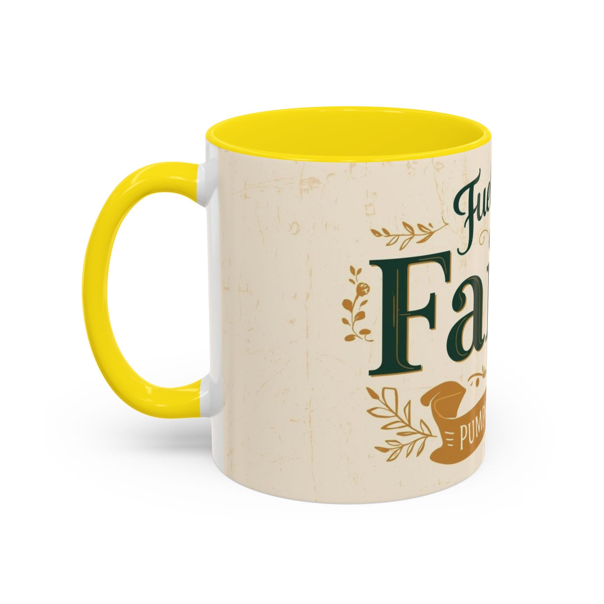 Yellow “Fueled by Faith & Pumpkin Spice” ceramic coffee mug — motivational Christian drinkware for cozy fall mornings.