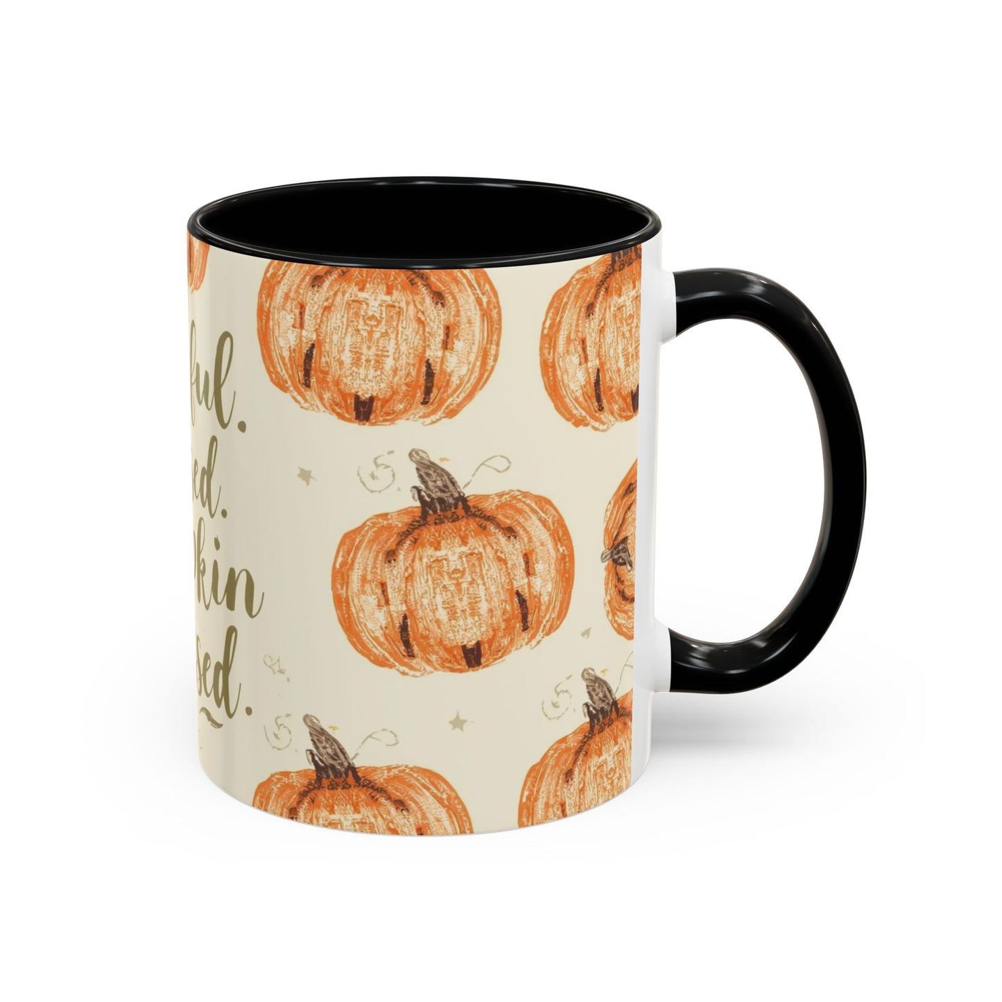 Grateful, Blessed & Pumpkin Obsessed 11oz black accent mug — cozy fall coffee cup featuring orange pumpkin design with glossy black interior.