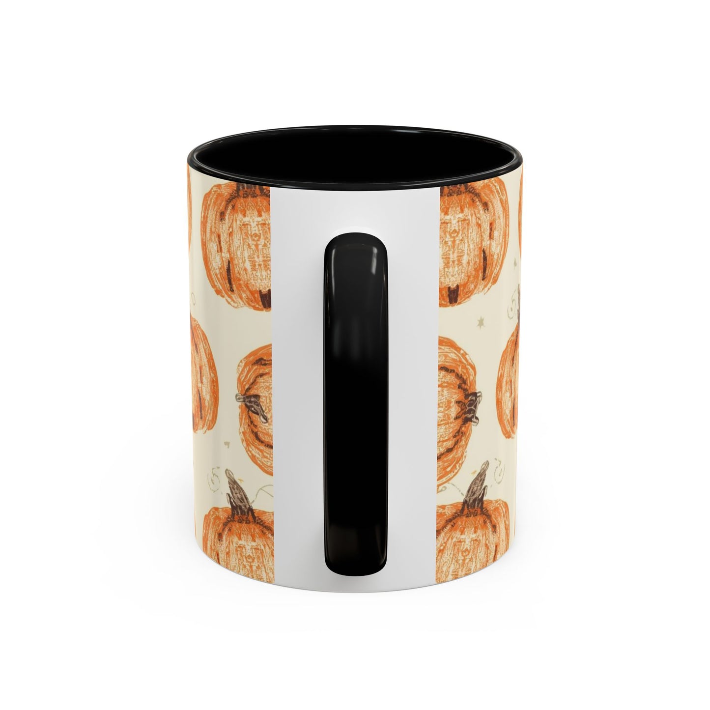 Back view of Grateful, Blessed & Pumpkin Obsessed black accent mug — fall pumpkin print with black handle and glossy black interior.