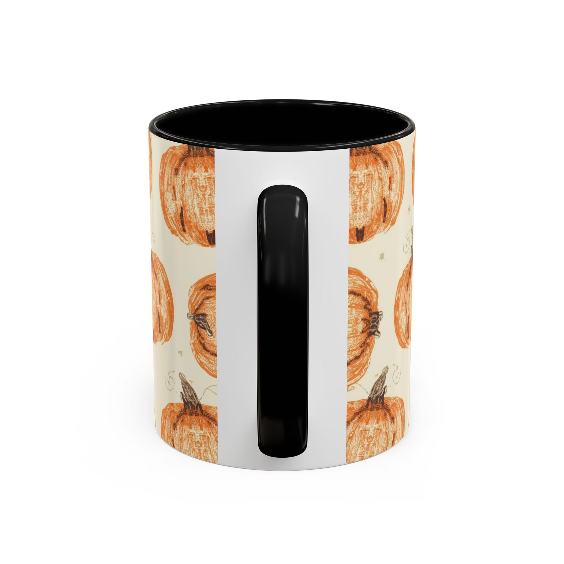 Back view of Grateful, Blessed & Pumpkin Obsessed black accent mug — fall pumpkin print with black handle and glossy black interior.