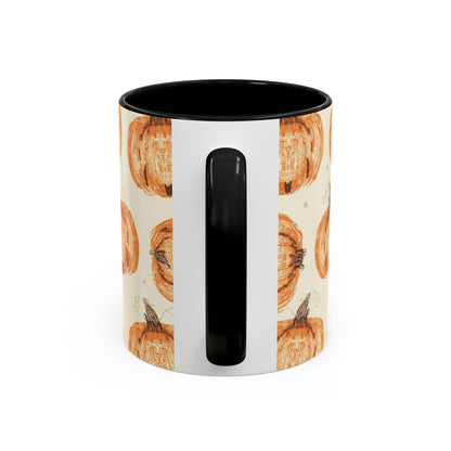 Back view of Grateful, Blessed & Pumpkin Obsessed black accent mug — fall pumpkin print with black handle and glossy black interior.