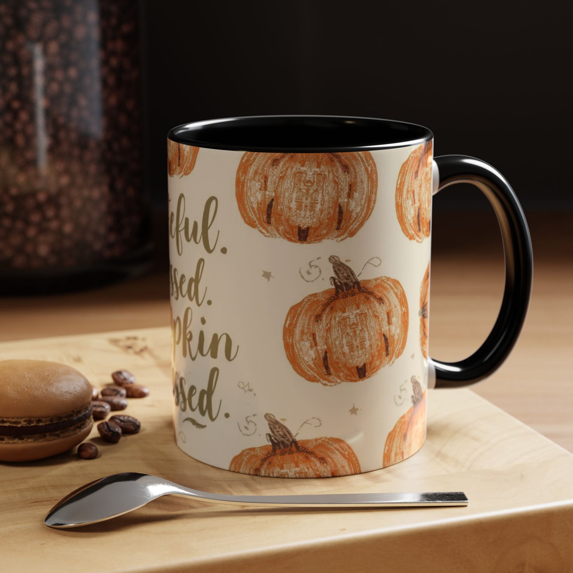 Grateful, Blessed & Pumpkin Obsessed black accent mug on wooden coffee bar with dessert and spoon — warm fall home décor and pumpkin spice vibes.
