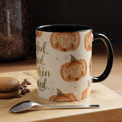 Grateful, Blessed & Pumpkin Obsessed black accent mug on wooden coffee bar with dessert and spoon — warm fall home décor and pumpkin spice vibes.