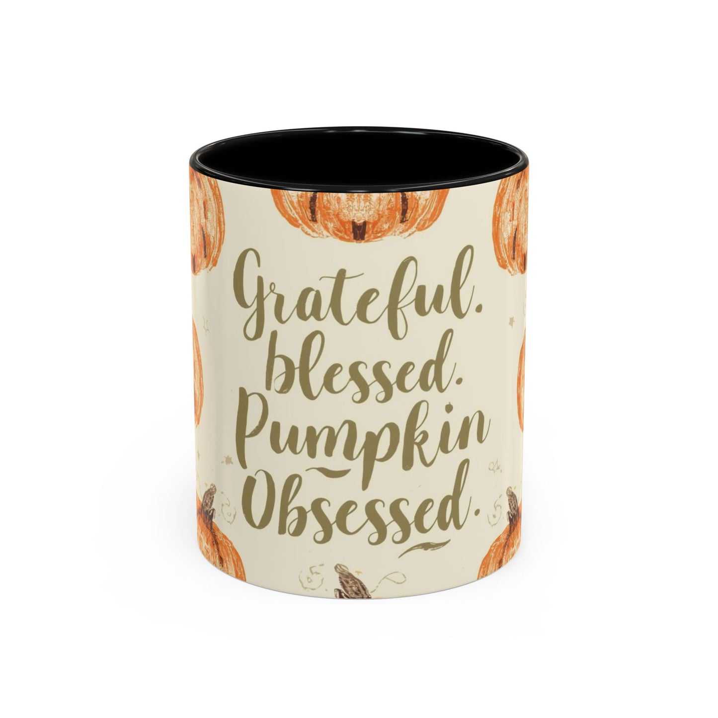 Grateful, Blessed & Pumpkin Obsessed 11oz black accent mug — cozy fall coffee cup featuring orange pumpkin design with glossy black interior.
