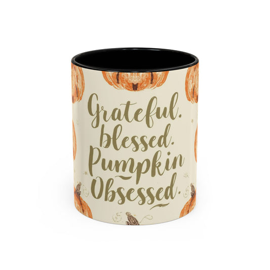 Grateful, Blessed & Pumpkin Obsessed 11oz black accent mug — cozy fall coffee cup featuring orange pumpkin design with glossy black interior.