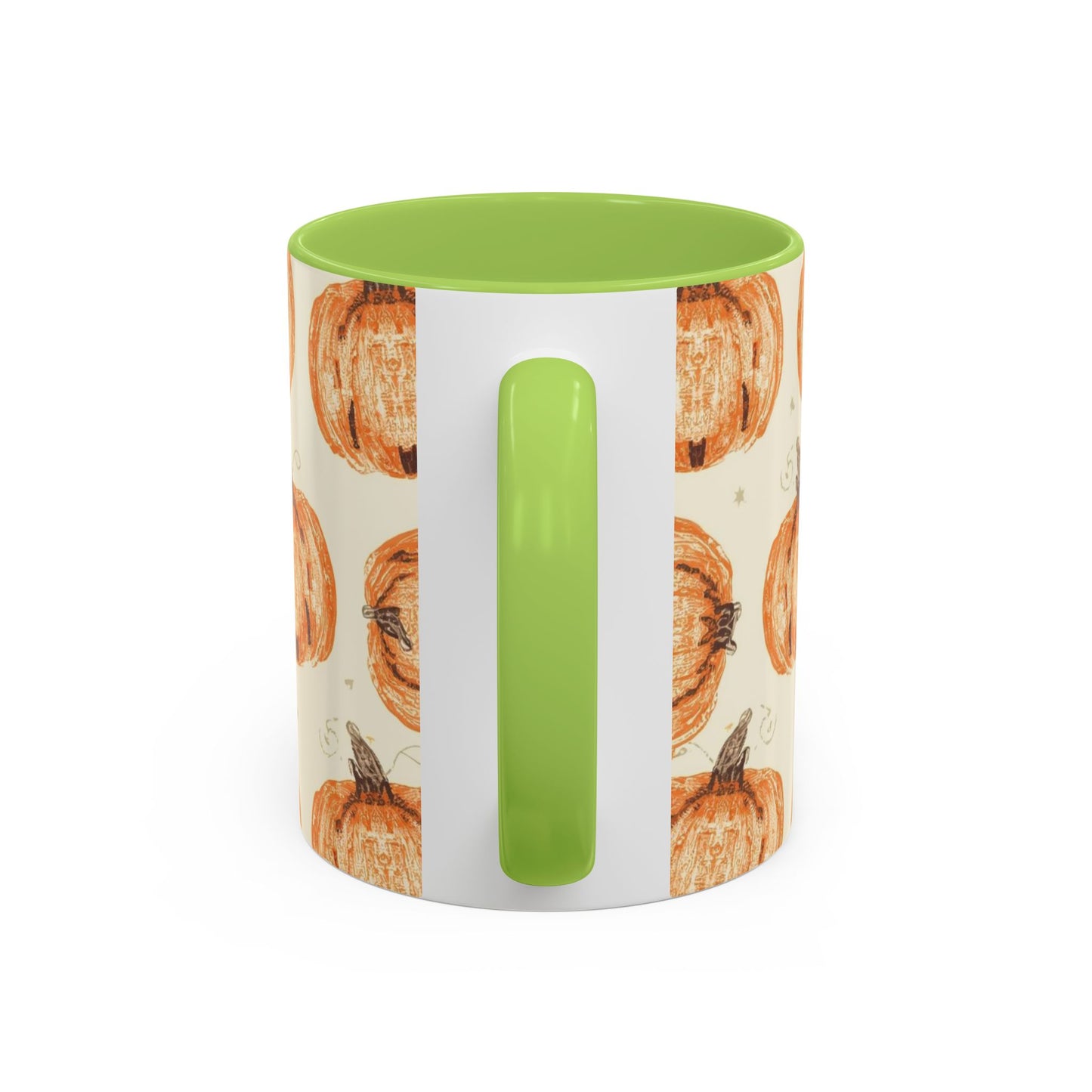 Back view of Grateful, Blessed & Pumpkin Obsessed green accent mug — festive pumpkin print with coordinating sage green handle.