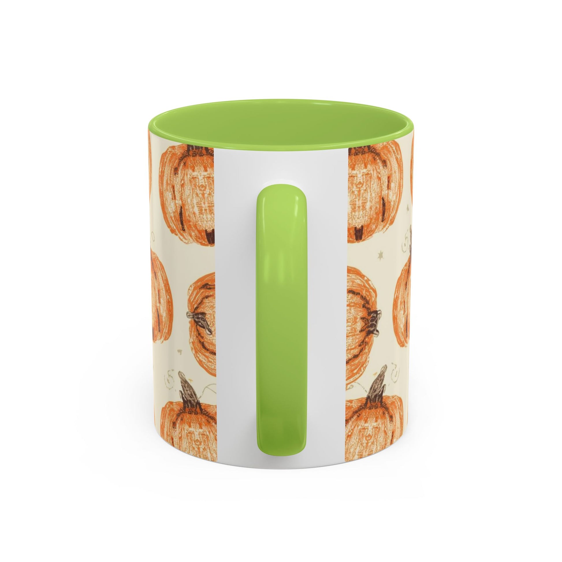 Back view of Grateful, Blessed & Pumpkin Obsessed green accent mug — festive pumpkin print with coordinating sage green handle.