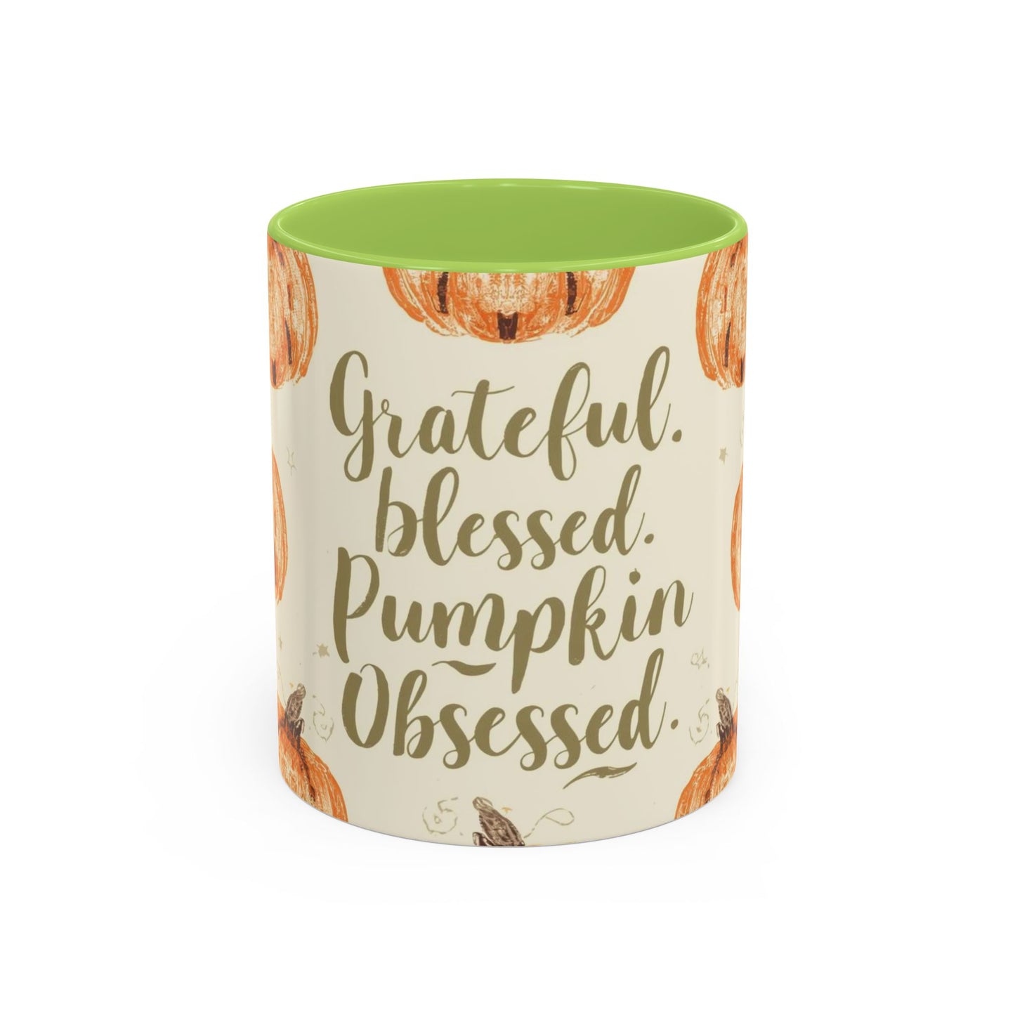 Grateful, Blessed & Pumpkin Obsessed 11oz green accent mug — autumn-themed coffee cup with orange pumpkins and sage green interior.