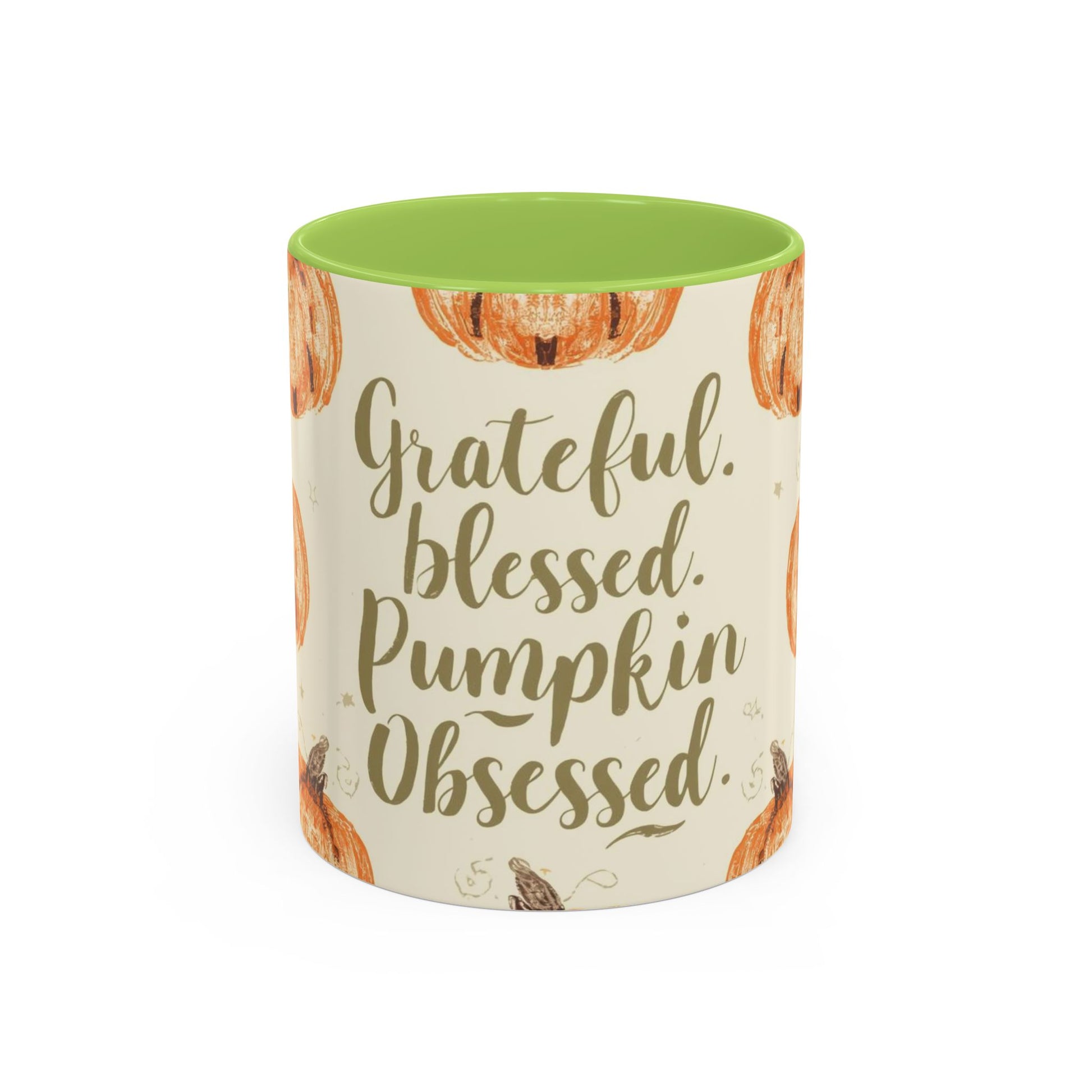 Grateful, Blessed & Pumpkin Obsessed 11oz green accent mug — autumn-themed coffee cup with orange pumpkins and sage green interior.