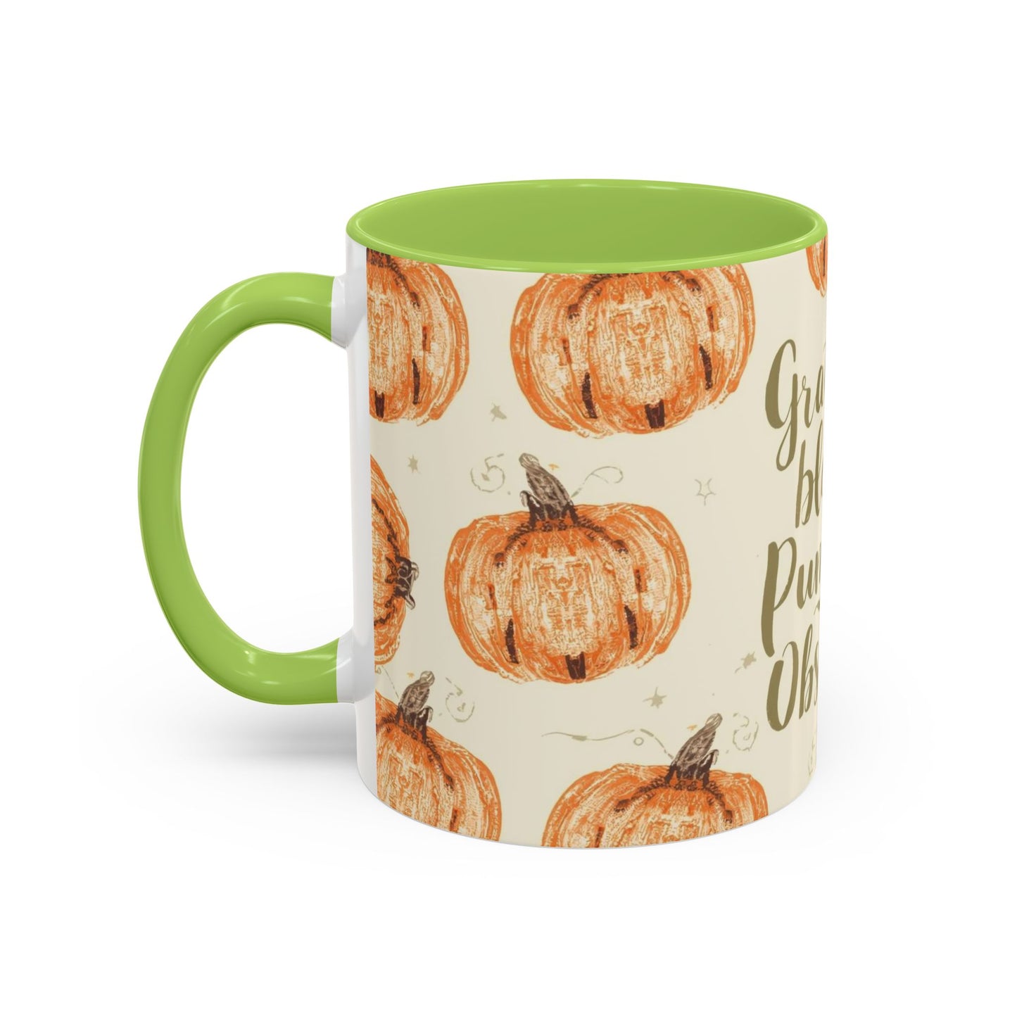 Side view of Grateful, Blessed & Pumpkin Obsessed 11oz green accent mug — pumpkin fall pattern with warm harvest typography.