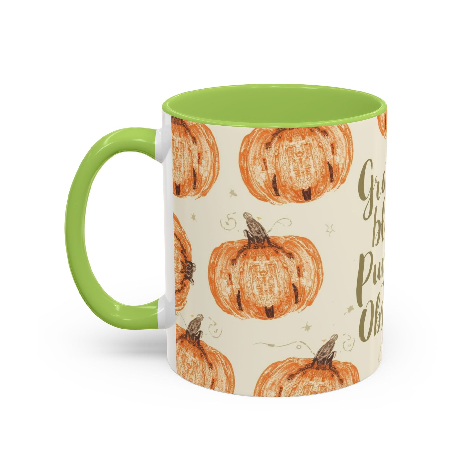 Side view of Grateful, Blessed & Pumpkin Obsessed 11oz green accent mug — pumpkin fall pattern with warm harvest typography.