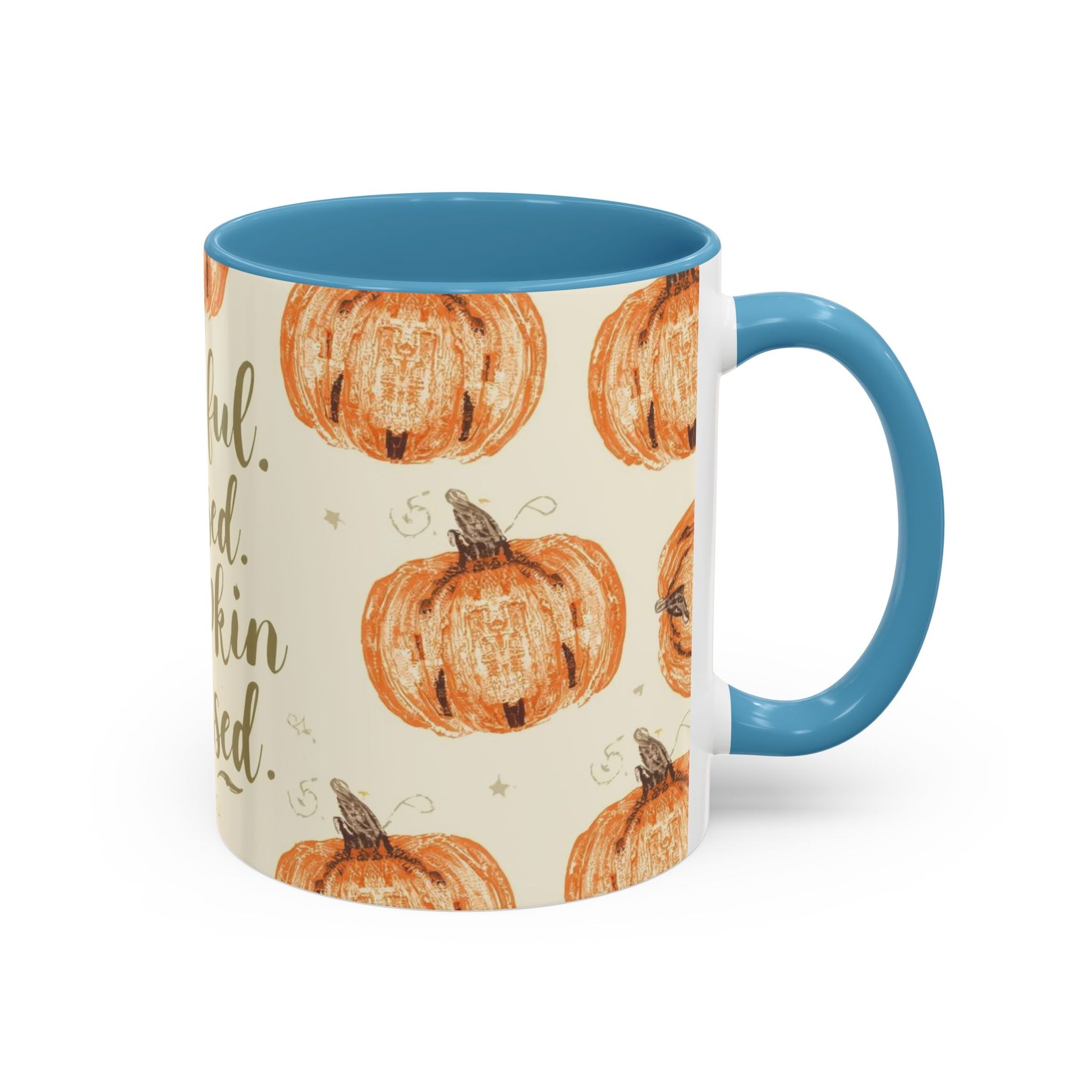 Grateful, Blessed & Pumpkin Obsessed 11oz light blue accent mug — autumn coffee cup with orange pumpkins and cozy fall design.