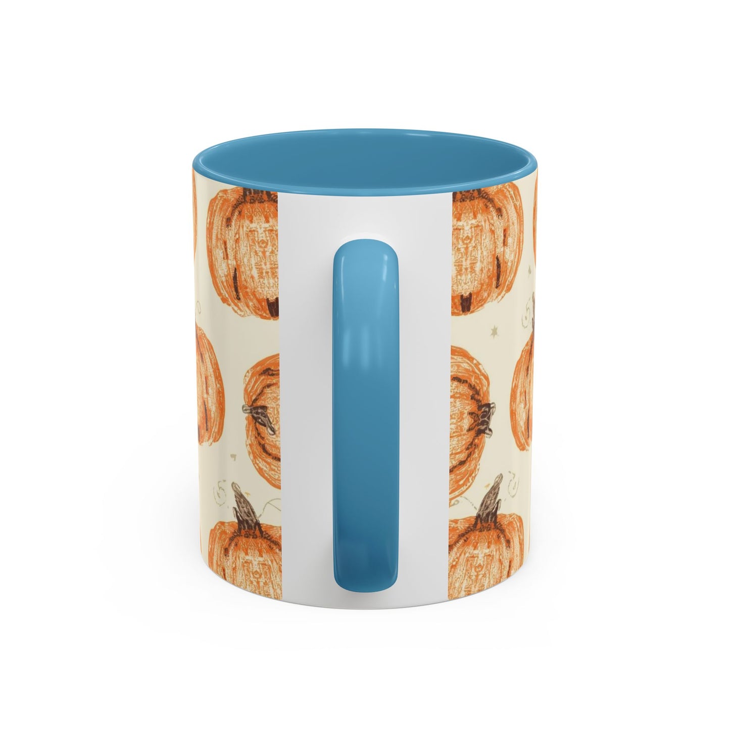 Back view of Grateful, Blessed & Pumpkin Obsessed light blue accent mug — pumpkin print with matching light blue handle and glossy finish.