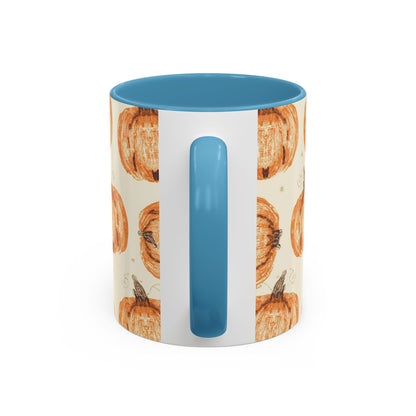 Back view of Grateful, Blessed & Pumpkin Obsessed light blue accent mug — pumpkin print with matching light blue handle and glossy finish.