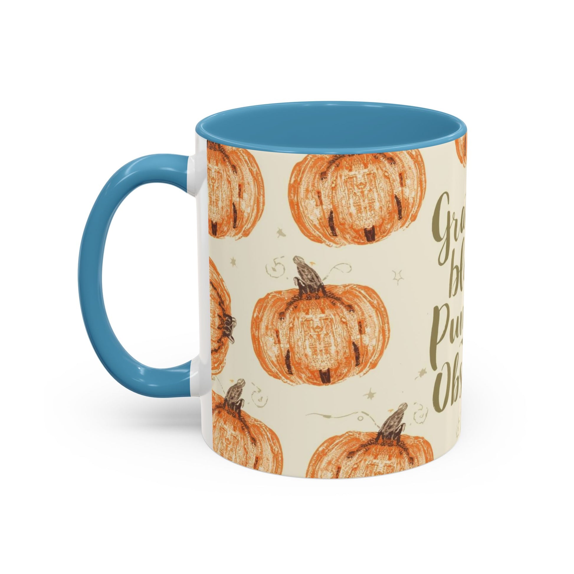 Side view of Grateful, Blessed & Pumpkin Obsessed 11oz light blue mug — festive fall pumpkin pattern on a cream background with blue interior.