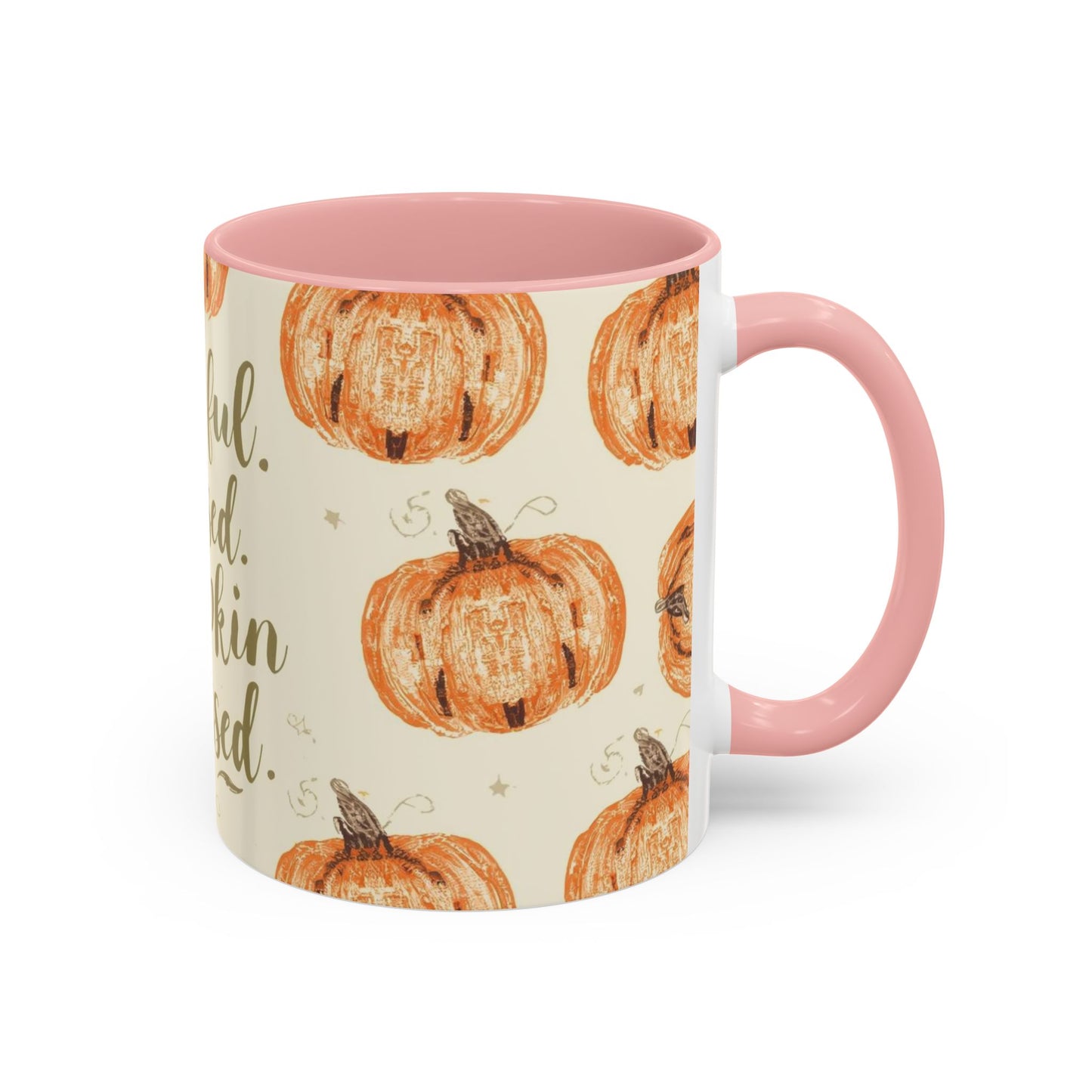 Grateful, Blessed & Pumpkin Obsessed 11oz light pink accent mug — cozy fall coffee cup featuring orange pumpkin design and pink handle.