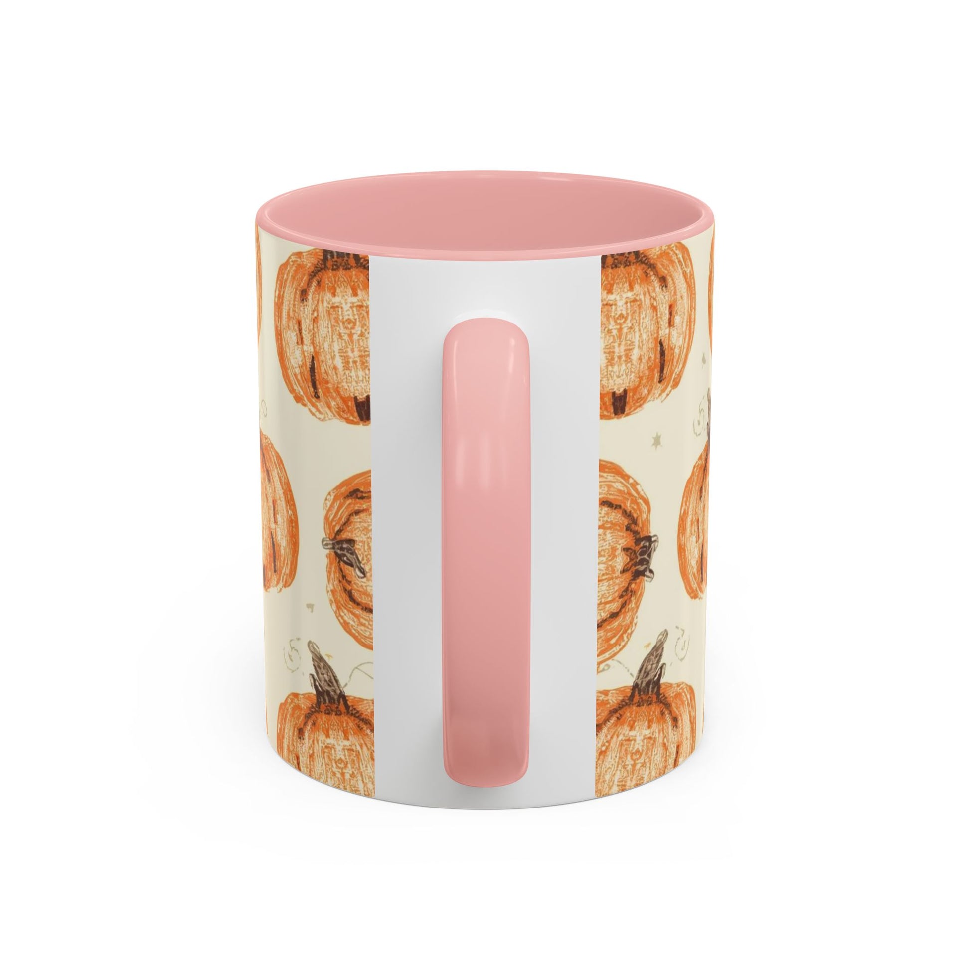 Back view of Grateful, Blessed & Pumpkin Obsessed light pink accent mug — fall-themed pumpkin pattern with glossy pink handle and interior.