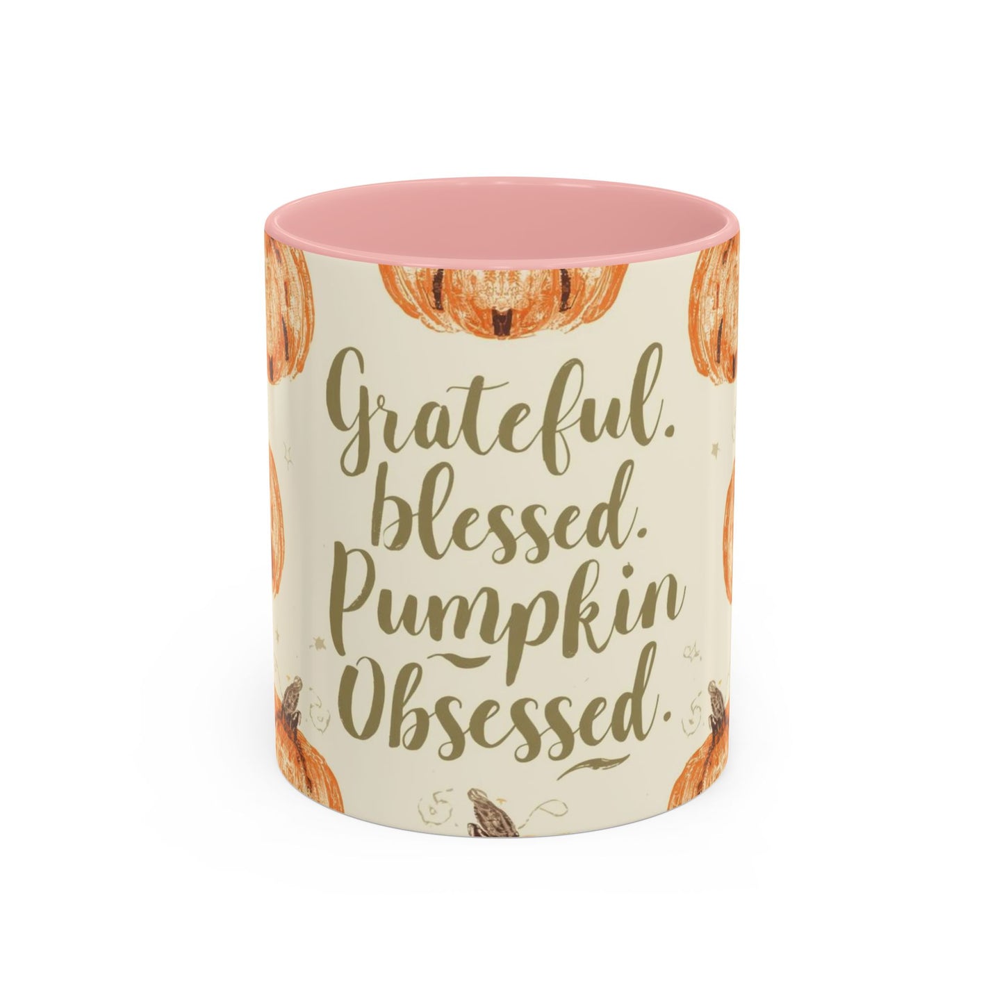 Grateful, Blessed & Pumpkin Obsessed 11oz light pink accent mug — cozy fall coffee cup featuring orange pumpkin design and pink handle.