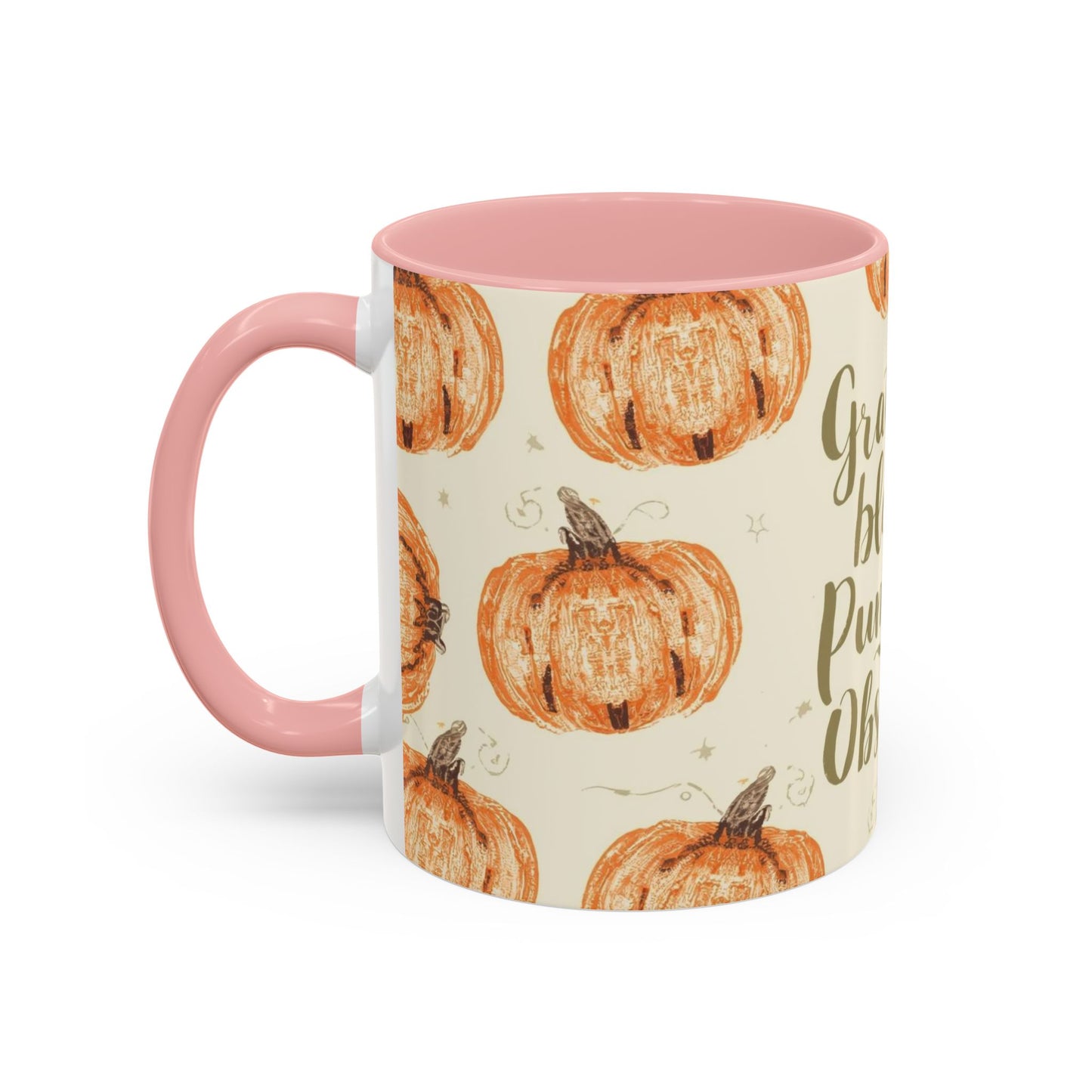 Side view of Grateful, Blessed & Pumpkin Obsessed 11oz light pink mug — autumn drinkware with rustic pumpkins and warm cream background.