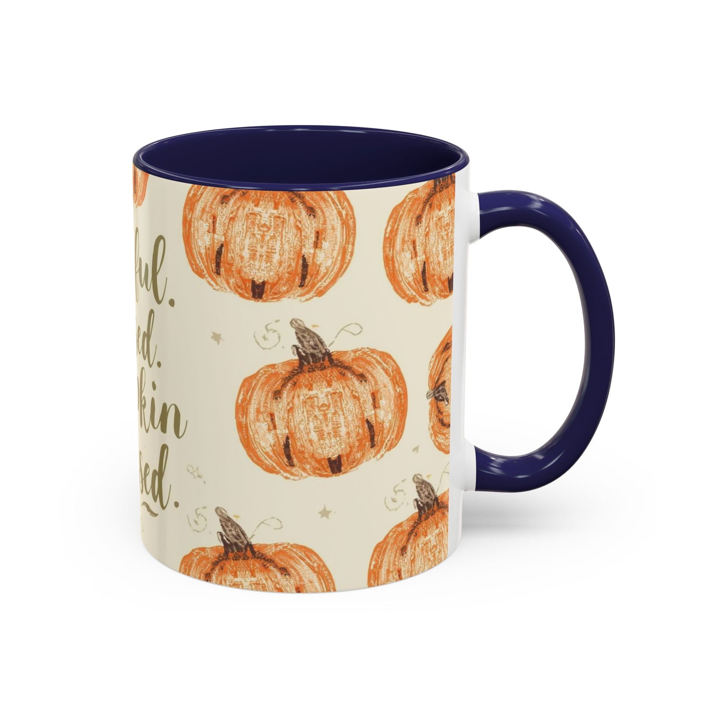 Grateful, Blessed & Pumpkin Obsessed 11oz navy accent mug — autumn coffee mug with orange pumpkin pattern and deep blue handle.