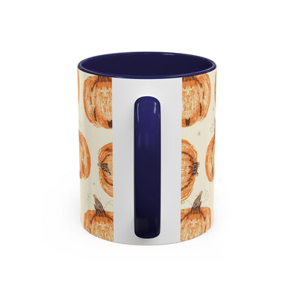 Back view of Grateful, Blessed & Pumpkin Obsessed navy accent mug — cozy fall mug with blue handle and pumpkin pattern design.