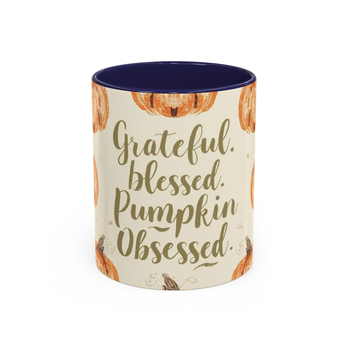 Grateful, Blessed & Pumpkin Obsessed 11oz navy accent mug — autumn coffee mug with orange pumpkin pattern and deep blue handle.