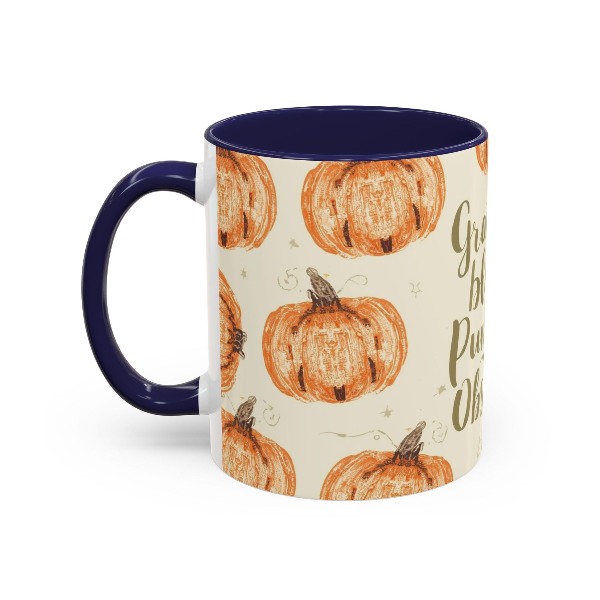 Side view of Grateful, Blessed & Pumpkin Obsessed navy accent mug — fall drinkware featuring rustic pumpkins on cream background.