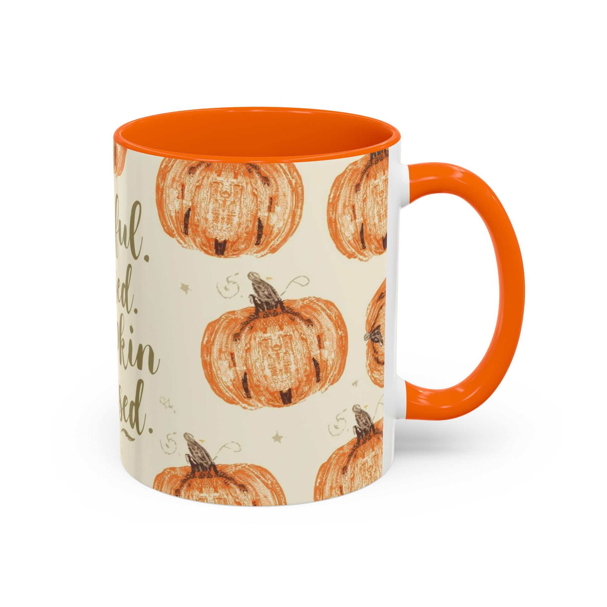 Grateful, Blessed & Pumpkin Obsessed 11oz orange accent mug — cozy fall coffee cup featuring hand-drawn pumpkins on a cream background.