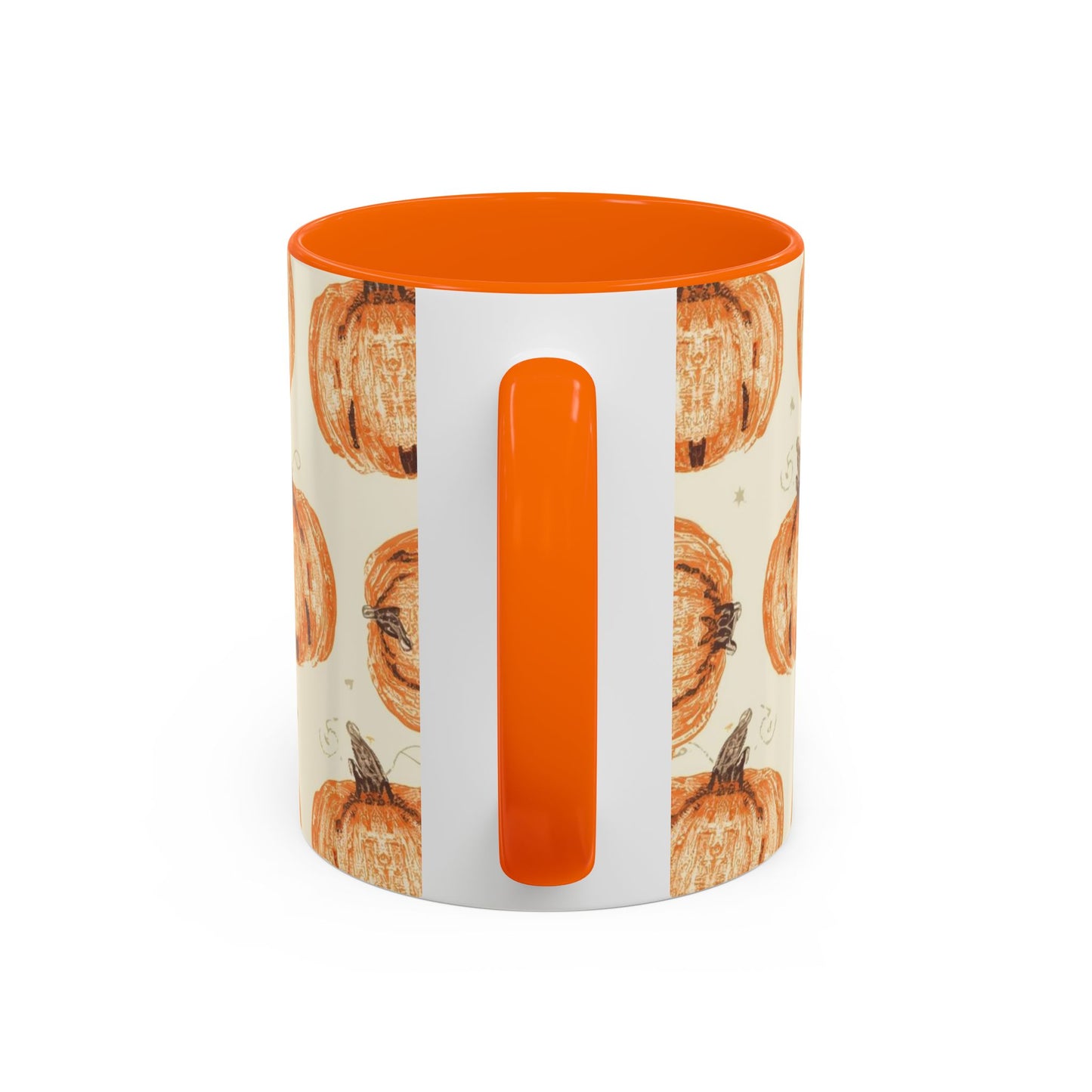 Back view of Grateful, Blessed & Pumpkin Obsessed orange accent mug — classic fall pumpkin design with matching orange handle and interior.