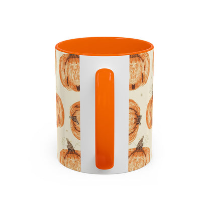 Back view of Grateful, Blessed & Pumpkin Obsessed orange accent mug — classic fall pumpkin design with matching orange handle and interior.