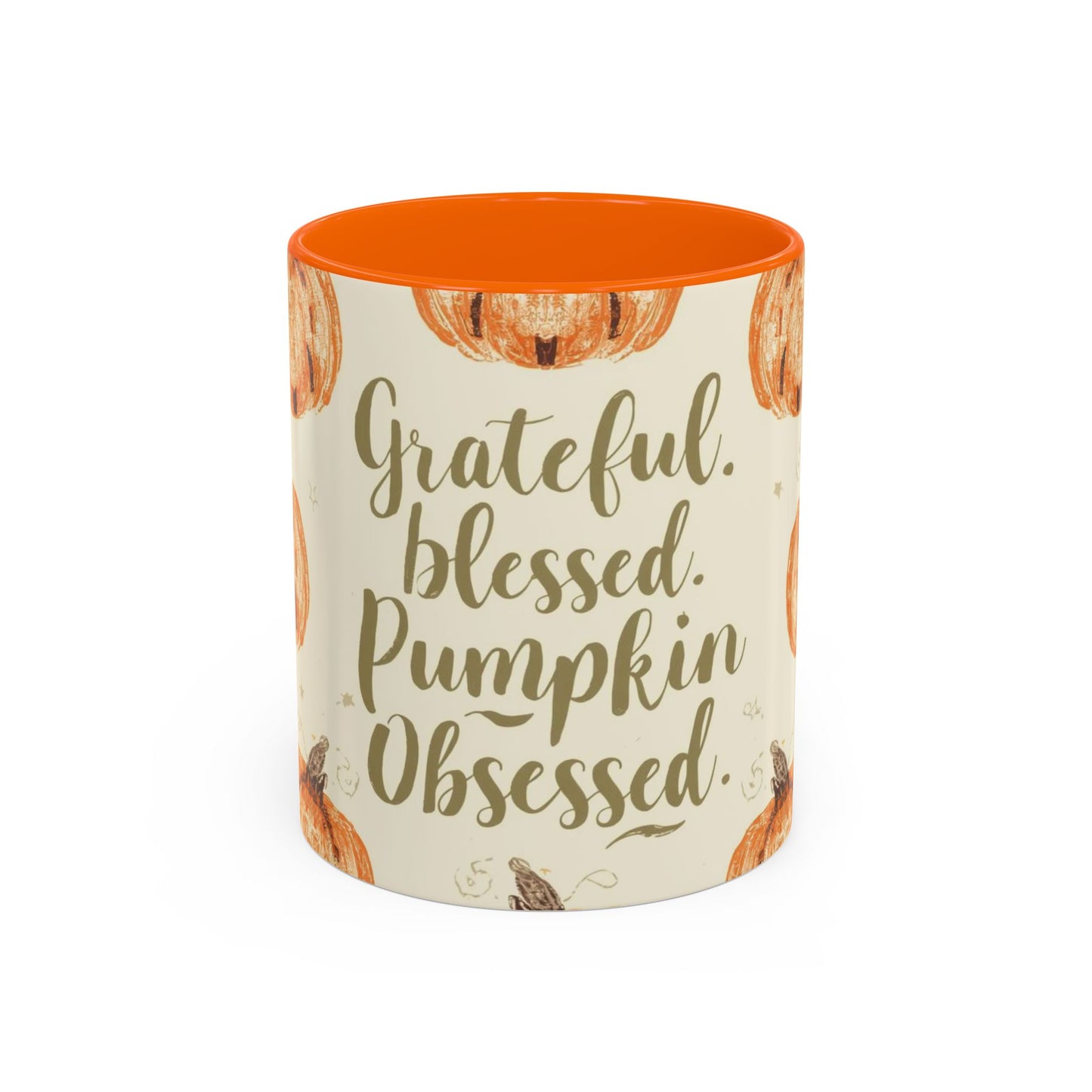 Grateful, Blessed & Pumpkin Obsessed 11oz orange accent mug — cozy fall coffee cup featuring hand-drawn pumpkins on a cream background.