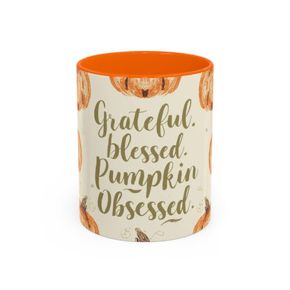 Grateful, Blessed & Pumpkin Obsessed 11oz orange accent mug — cozy fall coffee cup featuring hand-drawn pumpkins on a cream background.