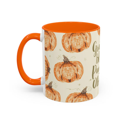 Side view of Grateful, Blessed & Pumpkin Obsessed 11oz mug — autumn pumpkin pattern with warm orange handle and rustic typography.