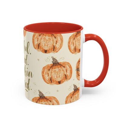 Grateful, Blessed & Pumpkin Obsessed 11oz red accent mug — festive fall coffee cup with pumpkin print and bold red handle.