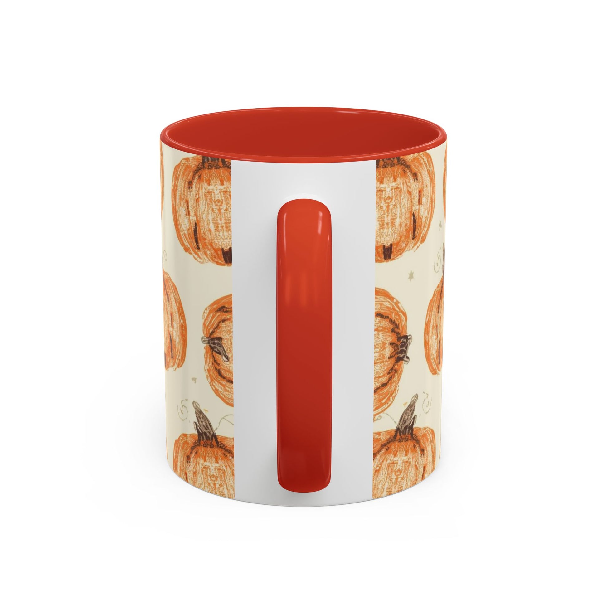 Back view of Grateful, Blessed & Pumpkin Obsessed red accent mug — warm-toned fall mug featuring orange pumpkins and red handle.