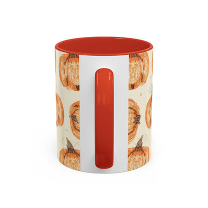 Back view of Grateful, Blessed & Pumpkin Obsessed red accent mug — warm-toned fall mug featuring orange pumpkins and red handle.