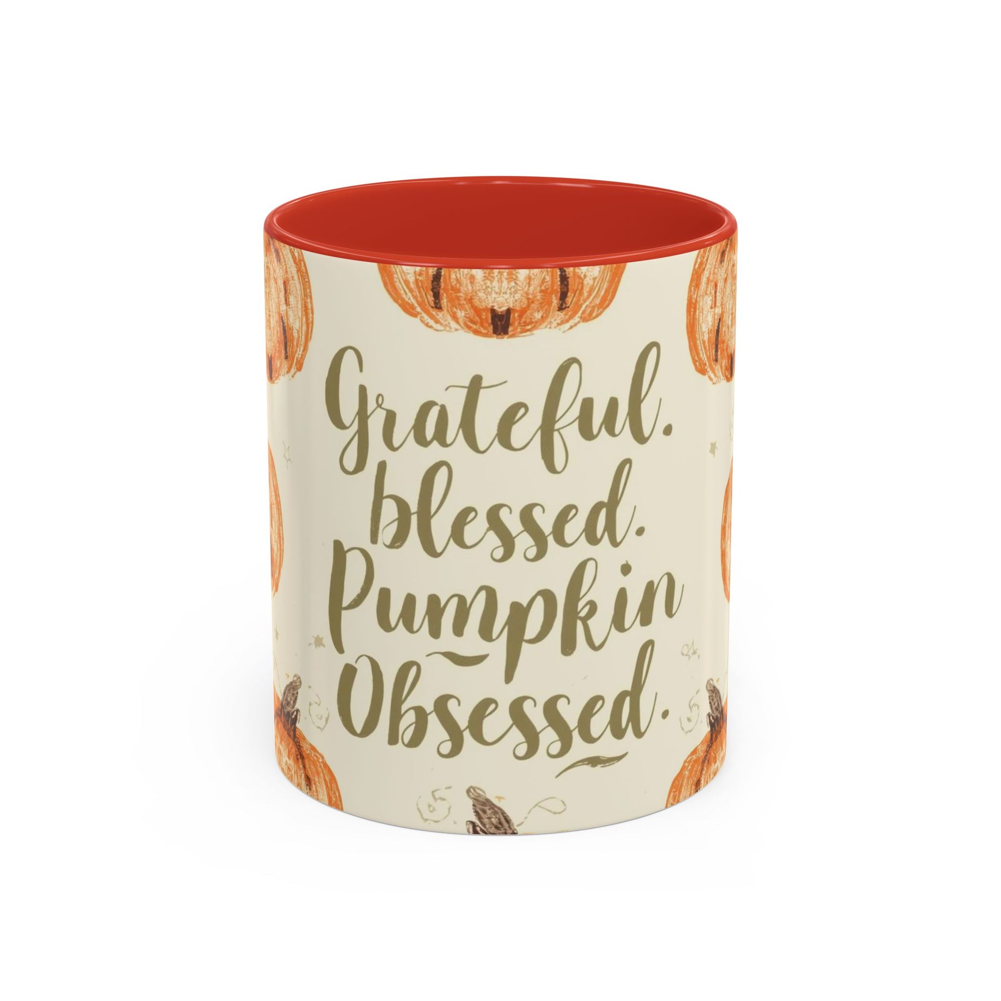 Grateful, Blessed & Pumpkin Obsessed 11oz red accent mug — festive fall coffee cup with pumpkin print and bold red handle.