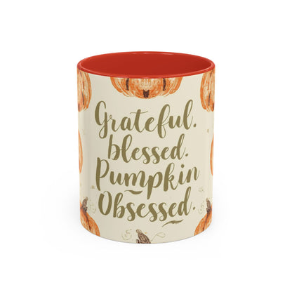 Grateful, Blessed & Pumpkin Obsessed 11oz red accent mug — festive fall coffee cup with pumpkin print and bold red handle.