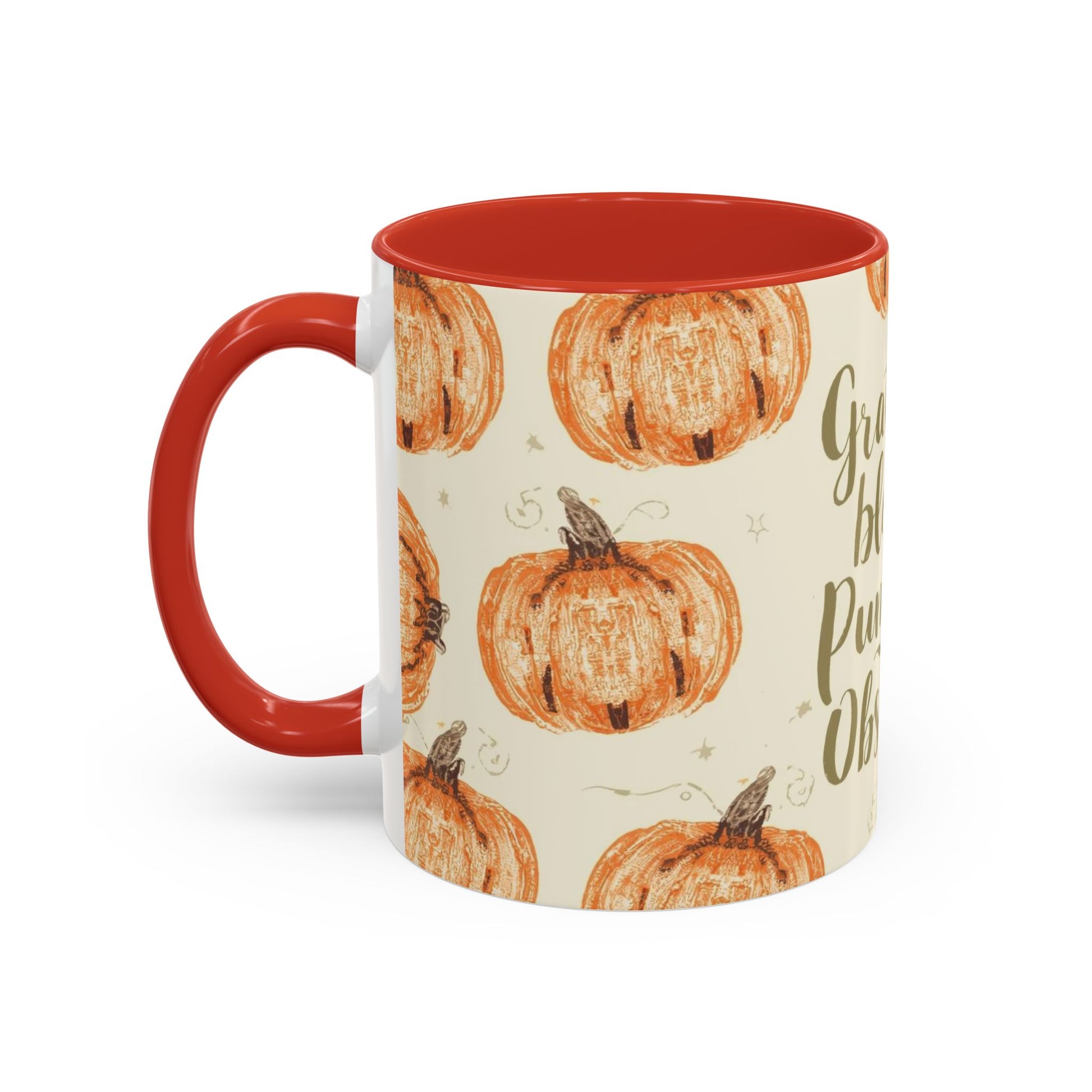 Side view of Grateful, Blessed & Pumpkin Obsessed red accent mug — autumn pumpkin design on cream background with bright red accents.