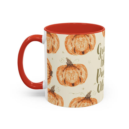 Side view of Grateful, Blessed & Pumpkin Obsessed red accent mug — autumn pumpkin design on cream background with bright red accents.
