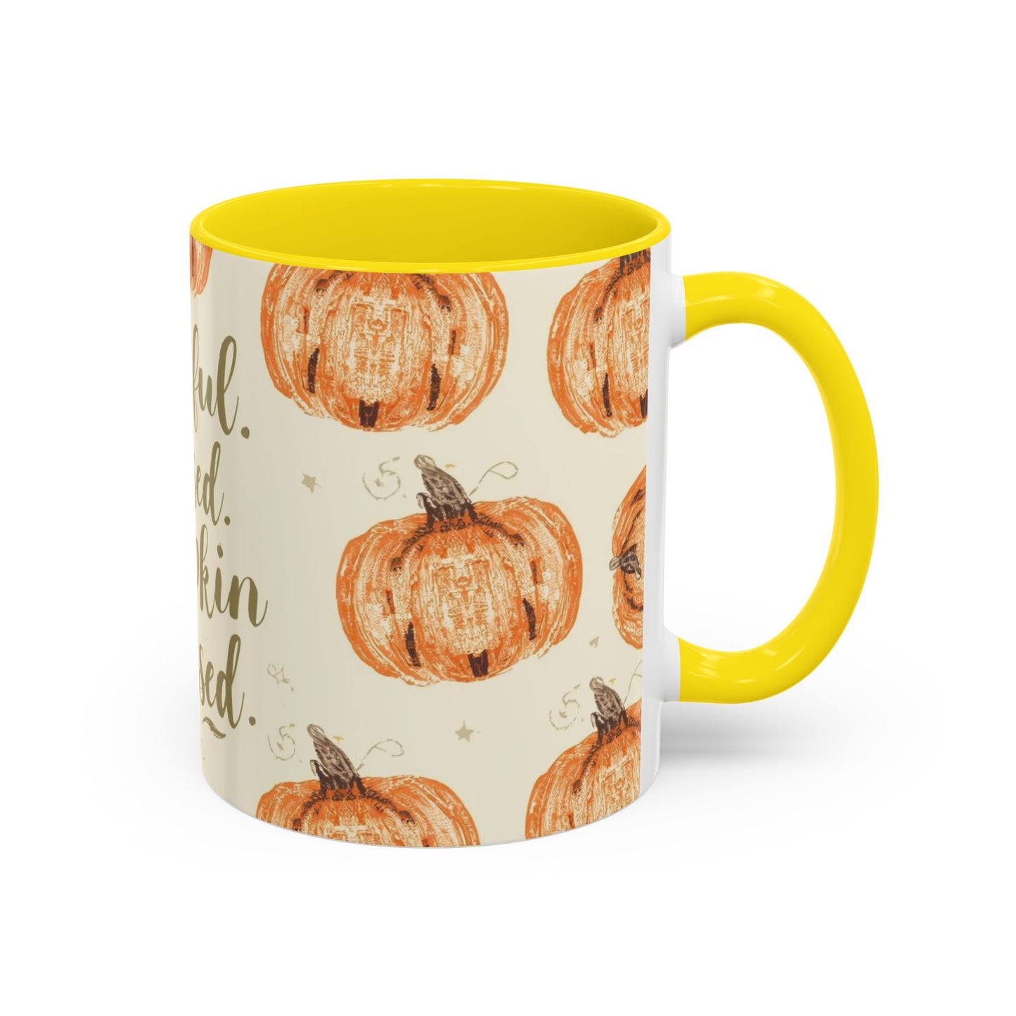 Grateful, Blessed & Pumpkin Obsessed 11oz yellow accent mug — fall coffee cup with orange pumpkin pattern and golden yellow handle.